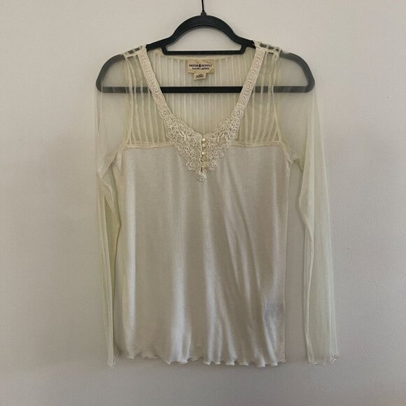 Denim & Supply Ralph Lauren Y2K Ribbed Preppy Henley Top Lace Size L Sheer Cream - Picture 8 of 8
